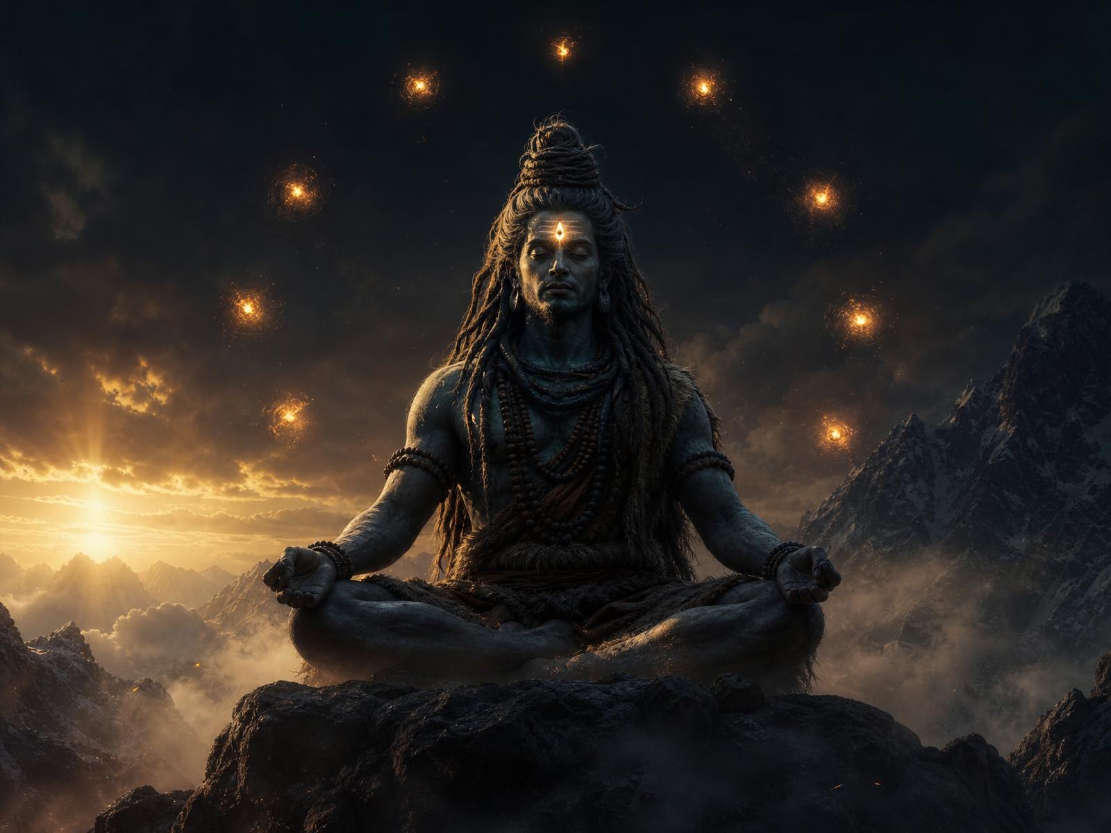 Rudra meditating on a Himalayan peak wreathed in eleven embers